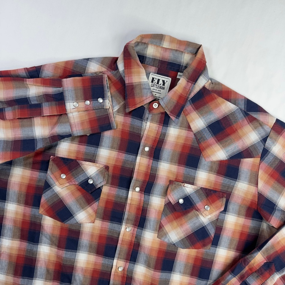Ely Cattleman Shirt Mens Large Red Rust Plaid Pearl Snap Button Down Long Sleeve